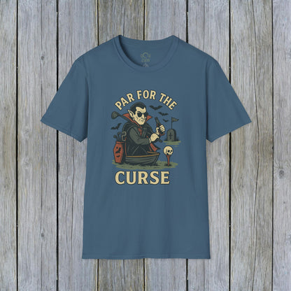 Funny Halloween Unisex T-Shirt with 'Par For The Curse' graphic, displayed in a stylish blue color, ideal for celebrating Halloween.