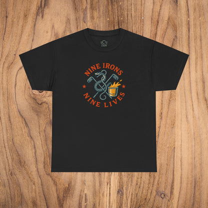Golf-Themed 100% Cotton T-Shirt in black color - Fun Casual Wear for Golf Lovers, Perfect Gift for Dads featuring a stylish 'Nine Irons Nine Lives' illustration.