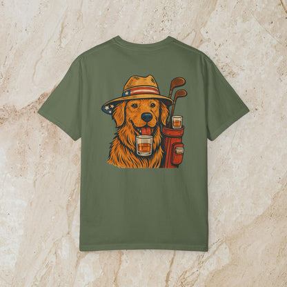 Golden Whiskey Dog Tee in olive green displaying a golden retriever with a hat and drinks, emphasizing a fun vintage look.