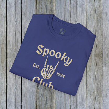 Unisex Spooky Club Tee in navy, featuring a unique skeleton hand design and 'Spooky Club Est. 1994' text, made from 100% soft and durable cotton.
