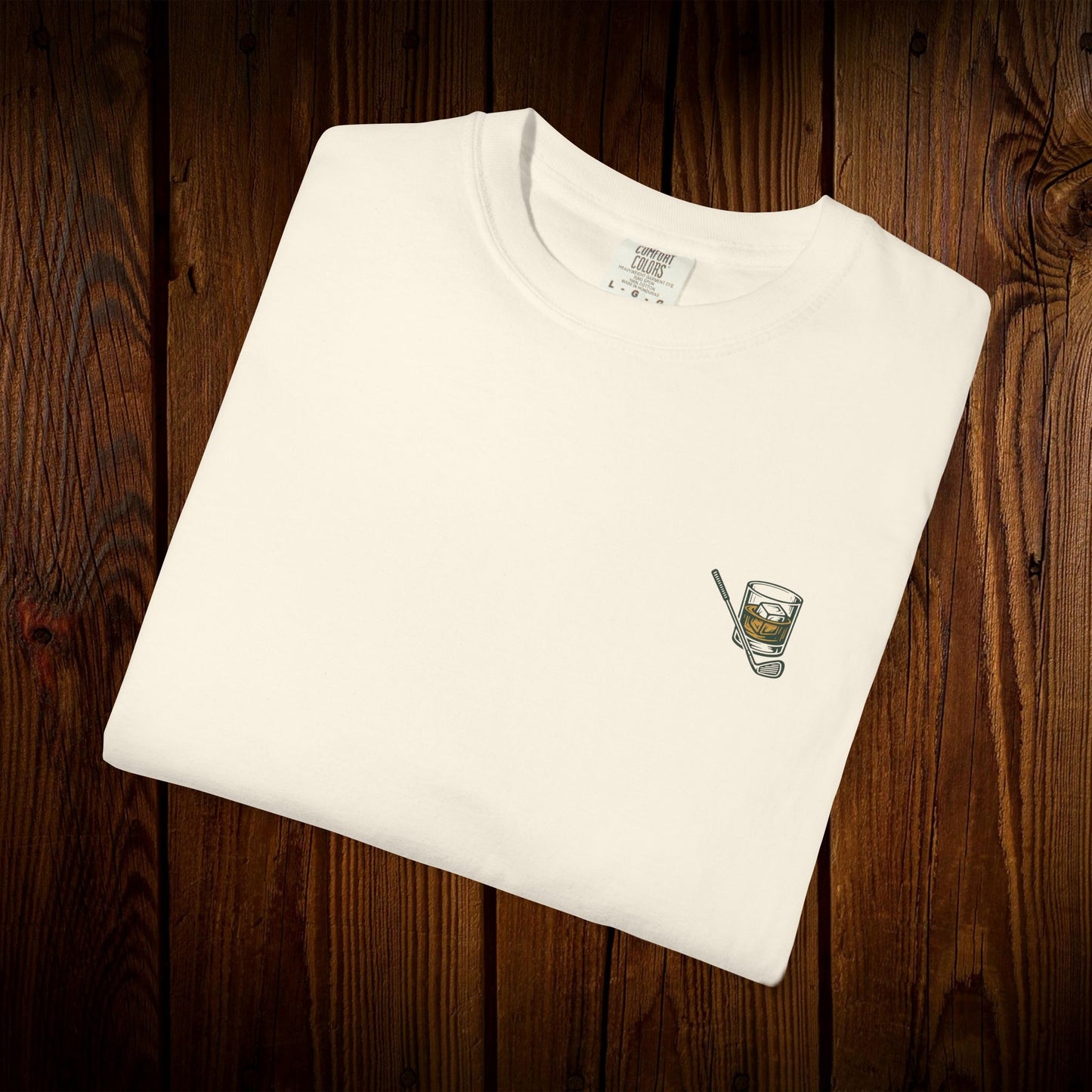 Men's Golf & Whiskey Tee featuring a stylish depiction of a whiskey glass on a white background, made from soft cotton for comfort.