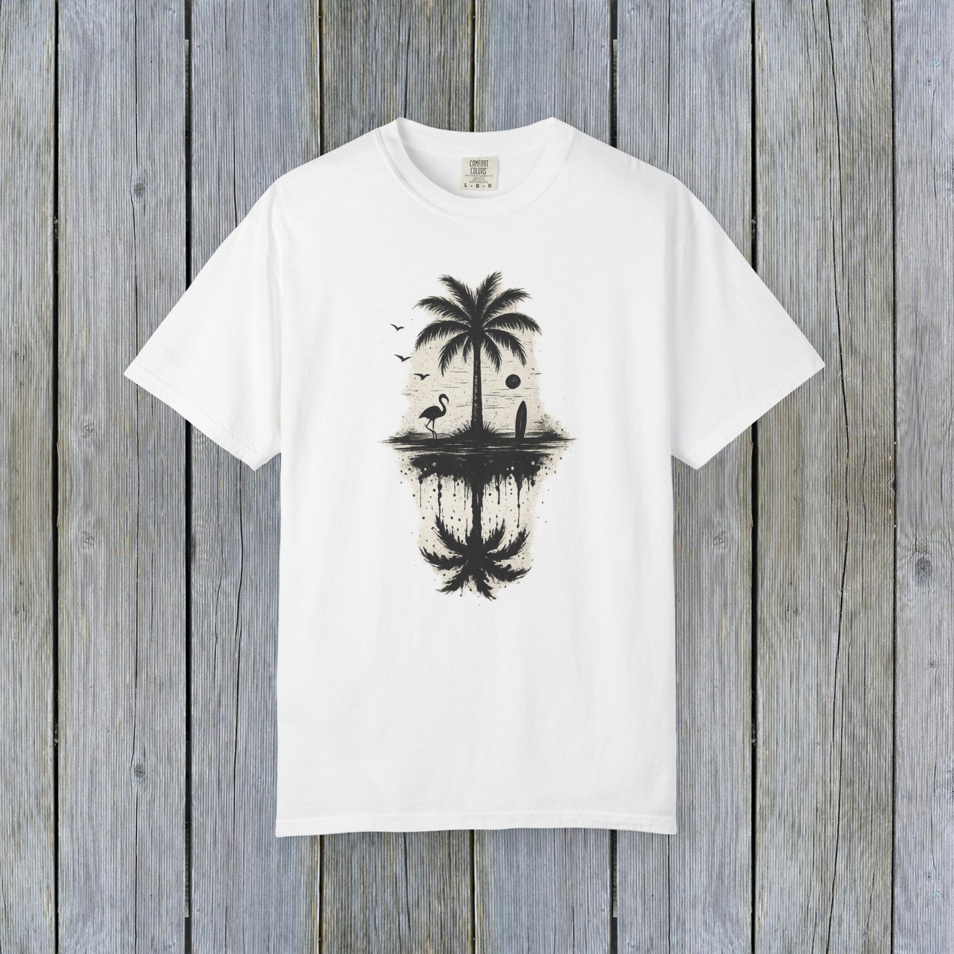 Alternative view of the Tropical Sunset Graphic Tee displaying palm tree artwork, ideal for casual wear, made with soft, ethically sourced cotton.