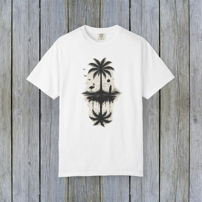 Alternative view of the Tropical Sunset Graphic Tee displaying palm tree artwork, ideal for casual wear, made with soft, ethically sourced cotton.