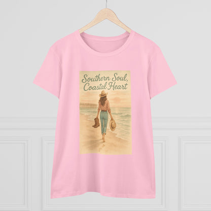 Front view of the Southern Soul Coated Heart Tee in pink featuring a vibrant graphic with the text 'Southern Soul, Coastal Heart,' perfect for casual, stylish wear.