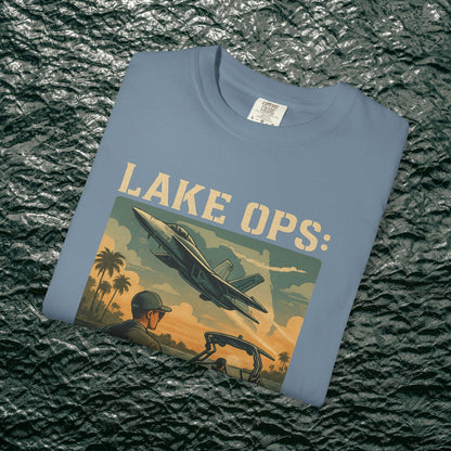 Garment-Dyed Comfort Tee for Adults in a light blue shade, showcasing a vibrant 'Lake Ops' graphic, crafted from 100% ring-spun cotton for exceptional comfort.