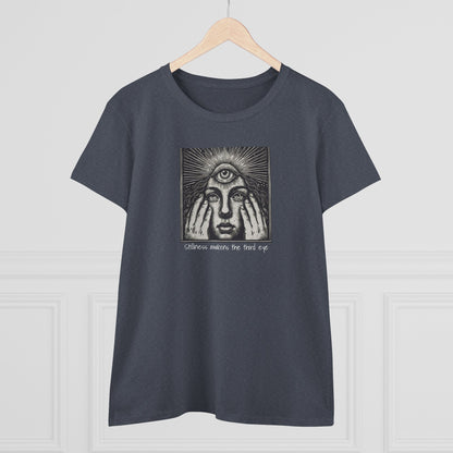 Stylish Third Eye Graphic Tee displayed on a wooden hanger, featuring a unique design with a third eye and text, symbolizing awareness and intuition. Made from 100% cotton for a comfortable fit.
