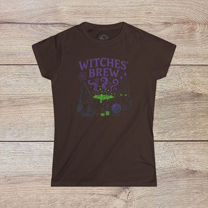 Witches' Brew Halloween T-Shirt in brown color featuring vibrant print with magical elements and a whimsical cat design, perfect for eco-friendly Halloween celebrations.