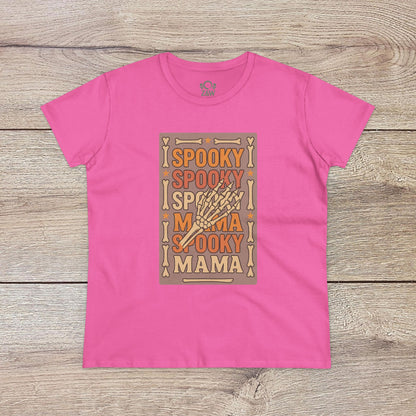 Spooky Mama Tee in vibrant pink featuring a quirky spine-chilling design of a skeleton hand, made from soft cotton for a classic fit.