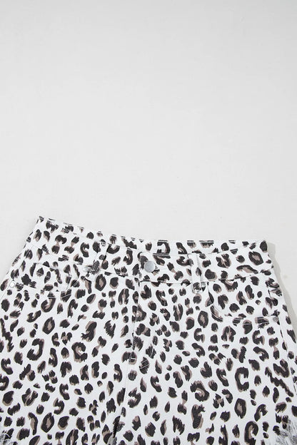 Leopard Frayed Hem Denim Shorts displayed from above, emphasizing the stylish leopard print and the raw hem detail, ideal for casual outfits.