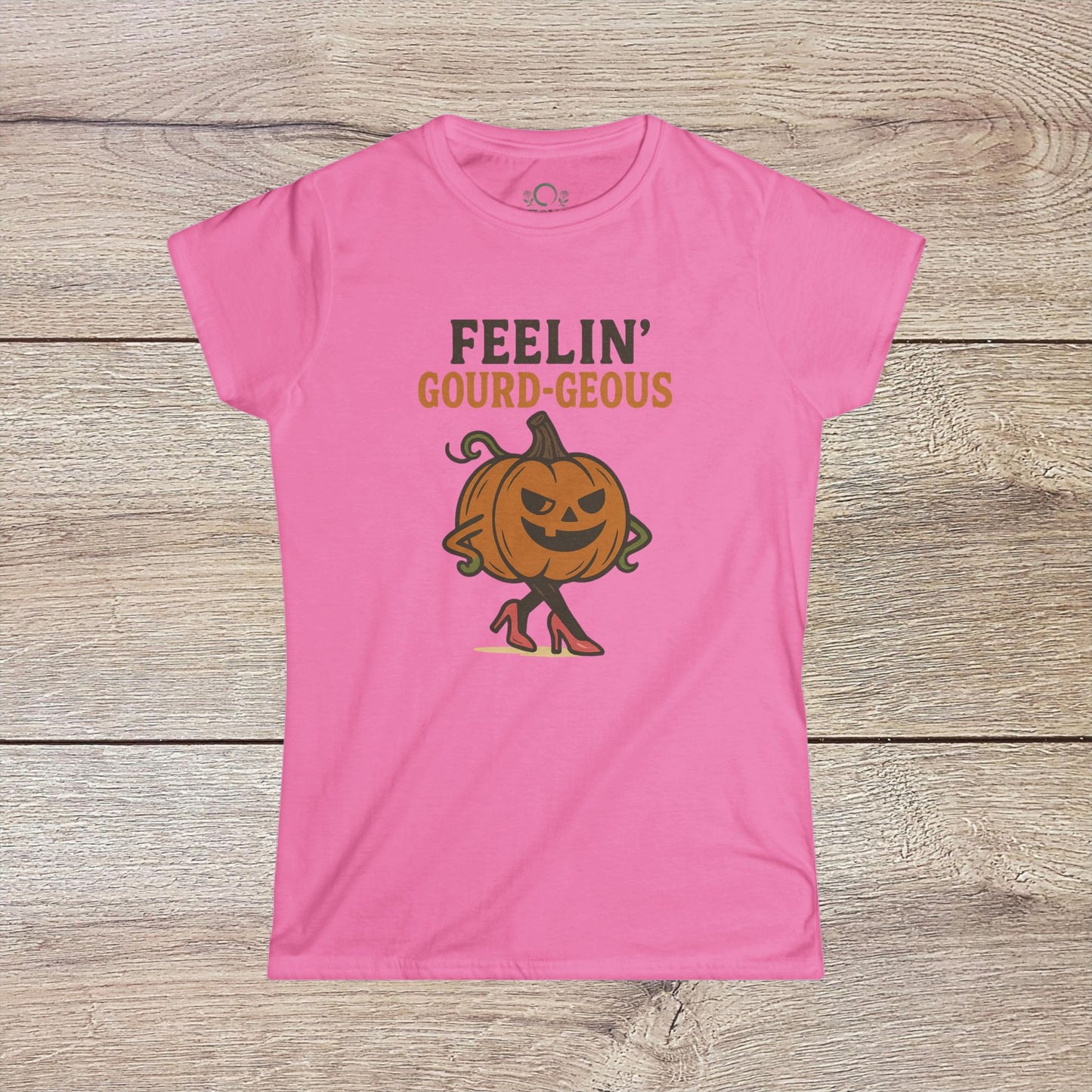 Gourd-geous Halloween Pumpkin T-Shirt in pink, featuring a playful pumpkin illustration with high heels, a fun addition to your spooky wardrobe.