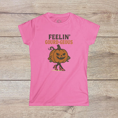Gourd-geous Halloween Pumpkin T-Shirt in pink, featuring a playful pumpkin illustration with high heels, a fun addition to your spooky wardrobe.
