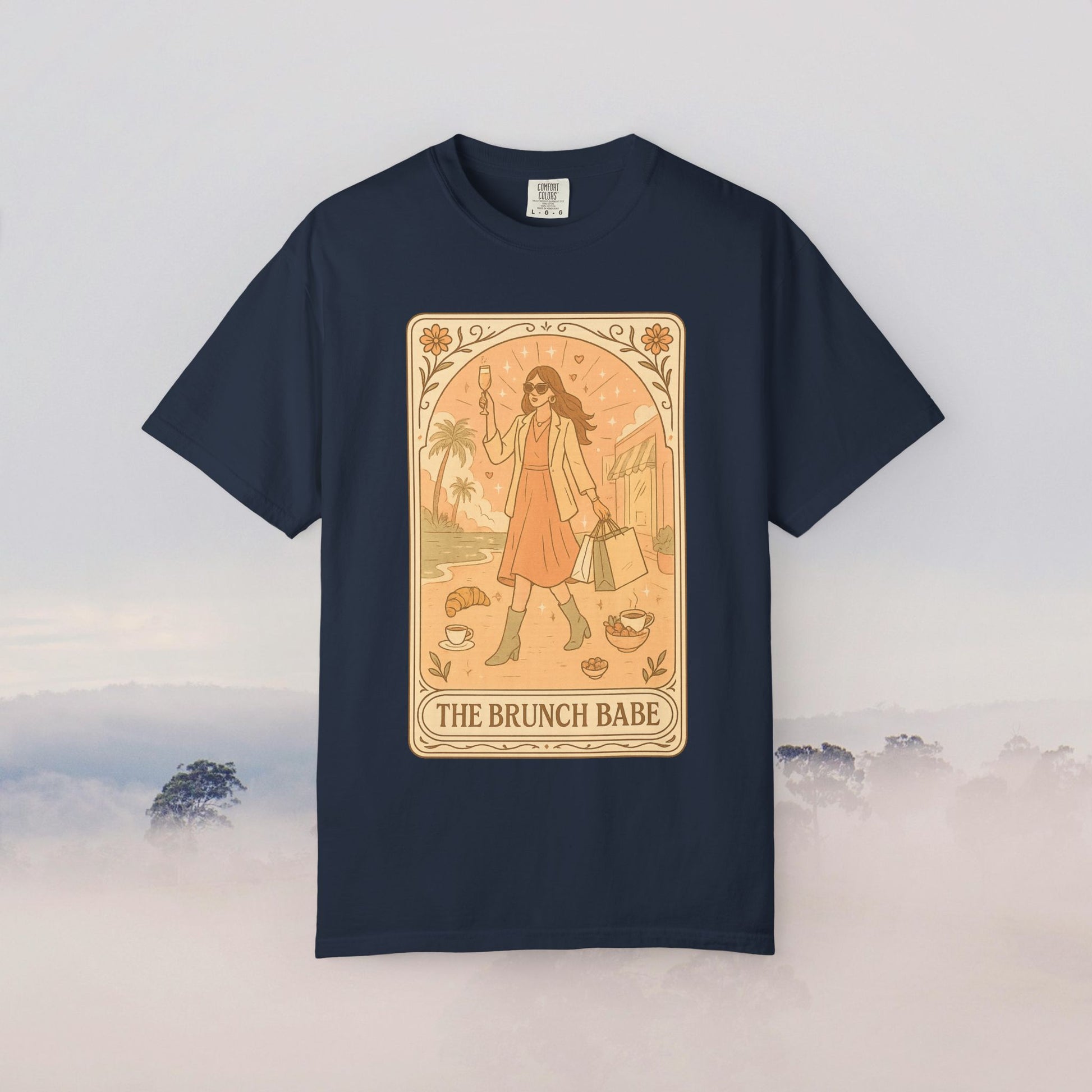 Brunch Babe Tarot Graphic Tee in navy blue, 100% cotton with a unique design, perfect for casual outfits, available in sizes S-4XL.