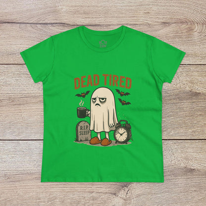 Cute Whimsical Ghost T-Shirt for Halloween in vibrant green, featuring a 'DEAD TIRED' graphic with a ghost and clock, made of cozy 100% cotton, perfect for lounging.
