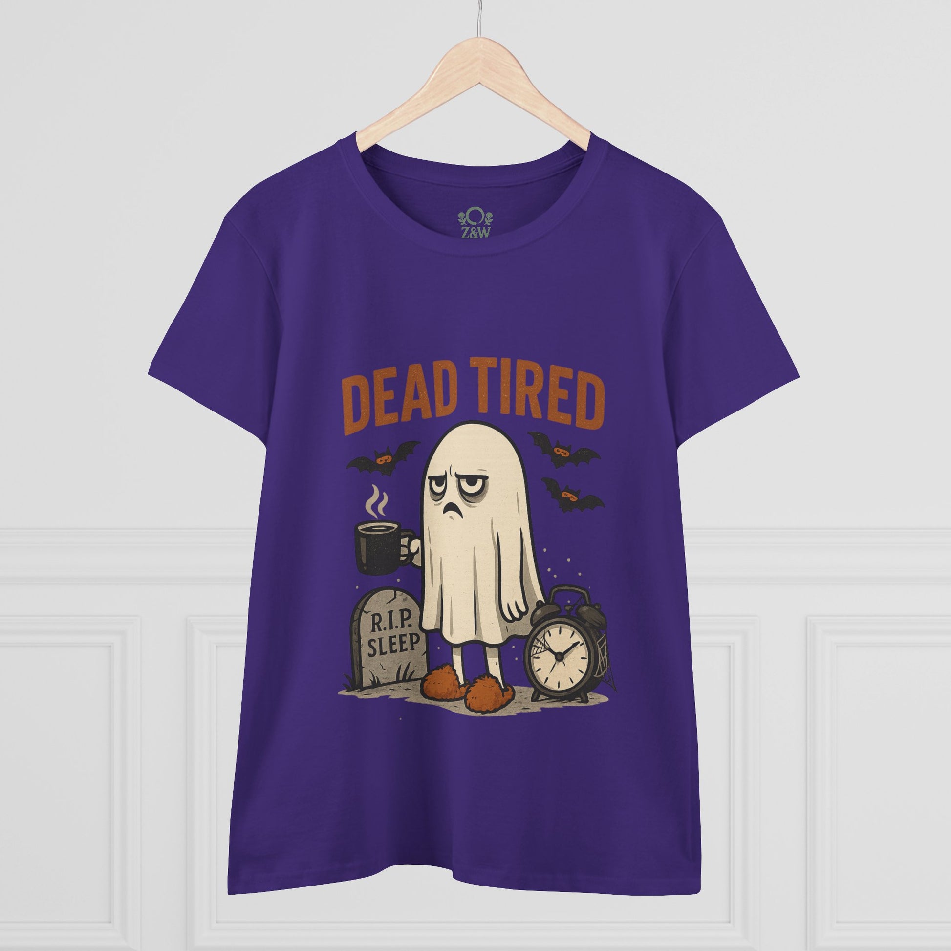 Front design of a Cute Whimsical Ghost T-Shirt for Halloween featuring a tired ghost with coffee, ideal 100% cotton unisex lounge shirt for festive occasions.