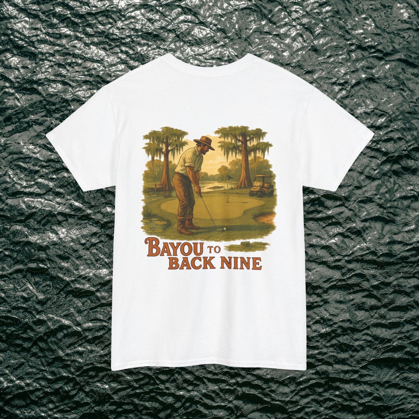 Bayou To Back Nine Softstyle Golf Tee displayed on a white t-shirt, showcasing a classic golfer illustration, ideal for laid-back gatherings.