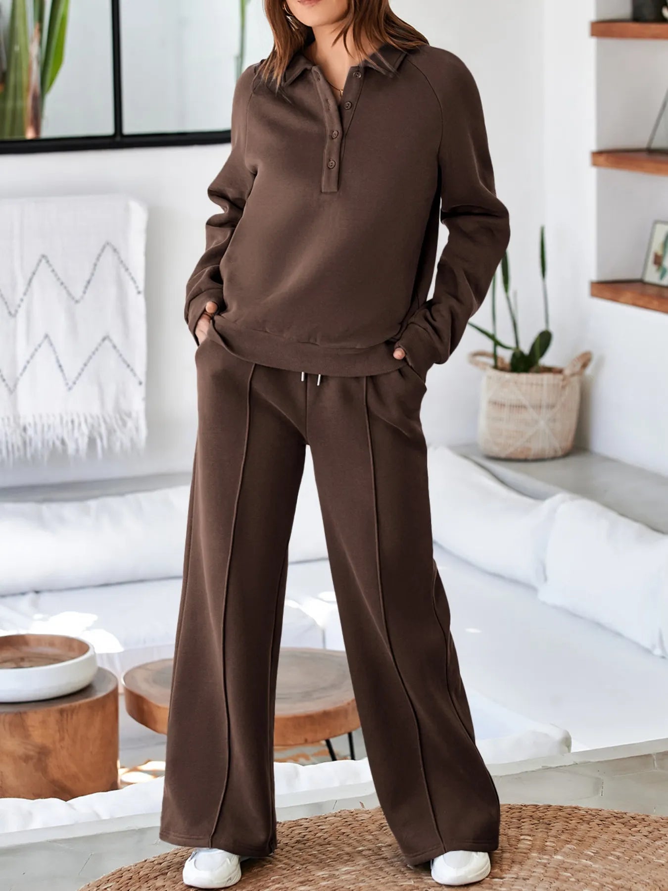 Trendsi Collared Sweatshirt & High Waist Pants Two-Piece Active Set showcased on a model, highlighting the trendy brown outfit with a buttoned collar and relaxed fit.