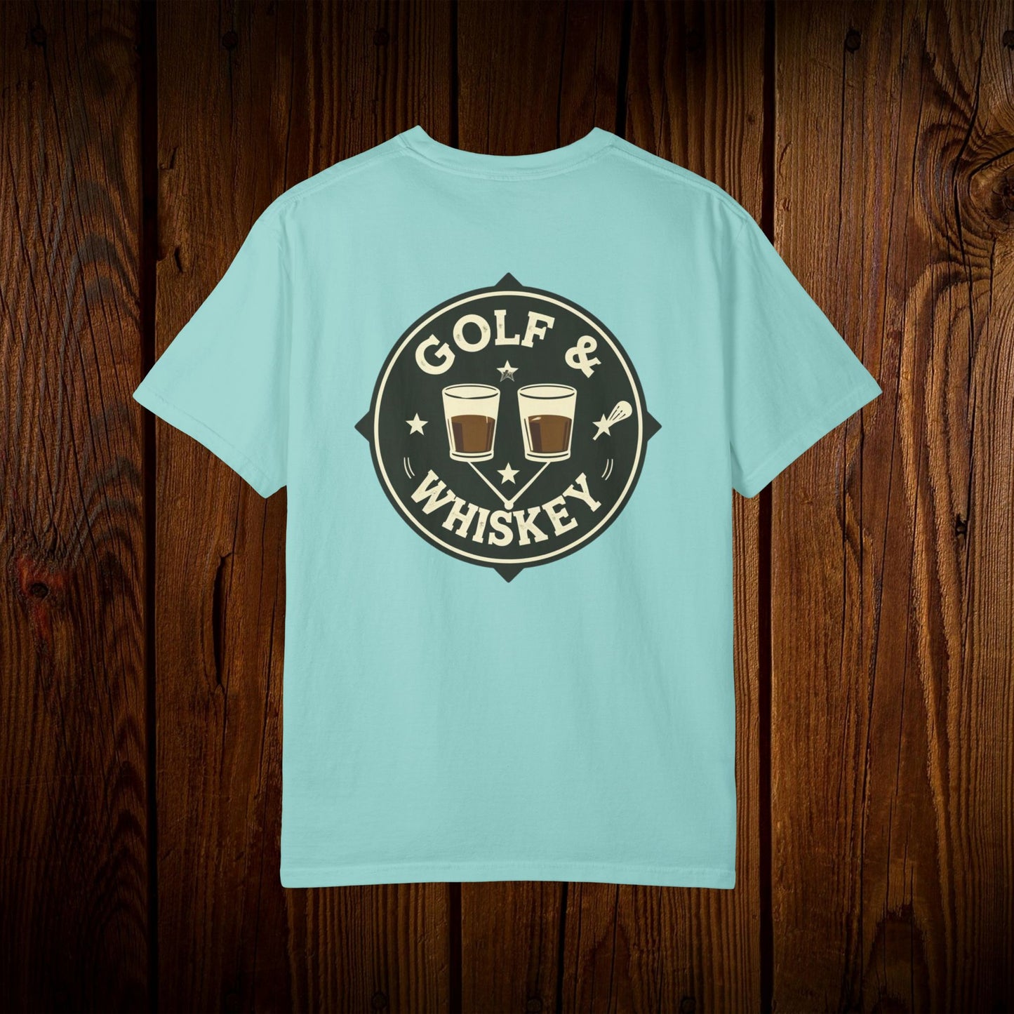 Men's Golf & Whiskey Tee in a refreshing light turquoise, featuring the fun 'GOLF & WHISKEY' graphic on the back, perfect for golf lovers.