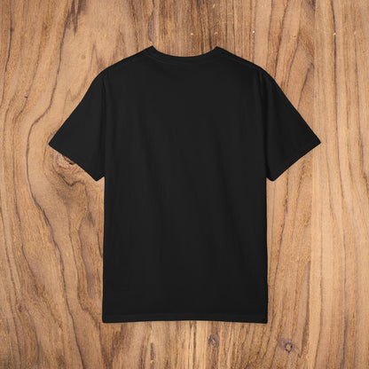 Back view of Country Club Cowboy Graphic Tee in black, featuring a smooth and clean design on natural wooden background.