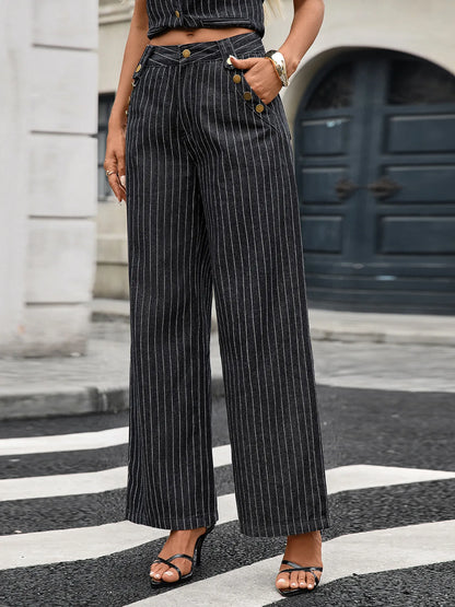 Detailed view of the Striped Button Down Tank and Pants Denim Set worn by a model, showcasing button details and striped design.