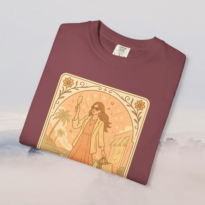 Brunch Babe Tarot Graphic Tee in rich maroon, illustrating a stylish woman with a drink, perfect for casual outfits, made from 100% cotton for a smooth feel.