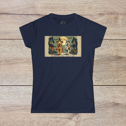 Unisex Softstyle Trick Or Treat T-Shirt in navy blue featuring a playful dog and cat with Halloween decorations, made of 100% ring-spun cotton for ultimate comfort.