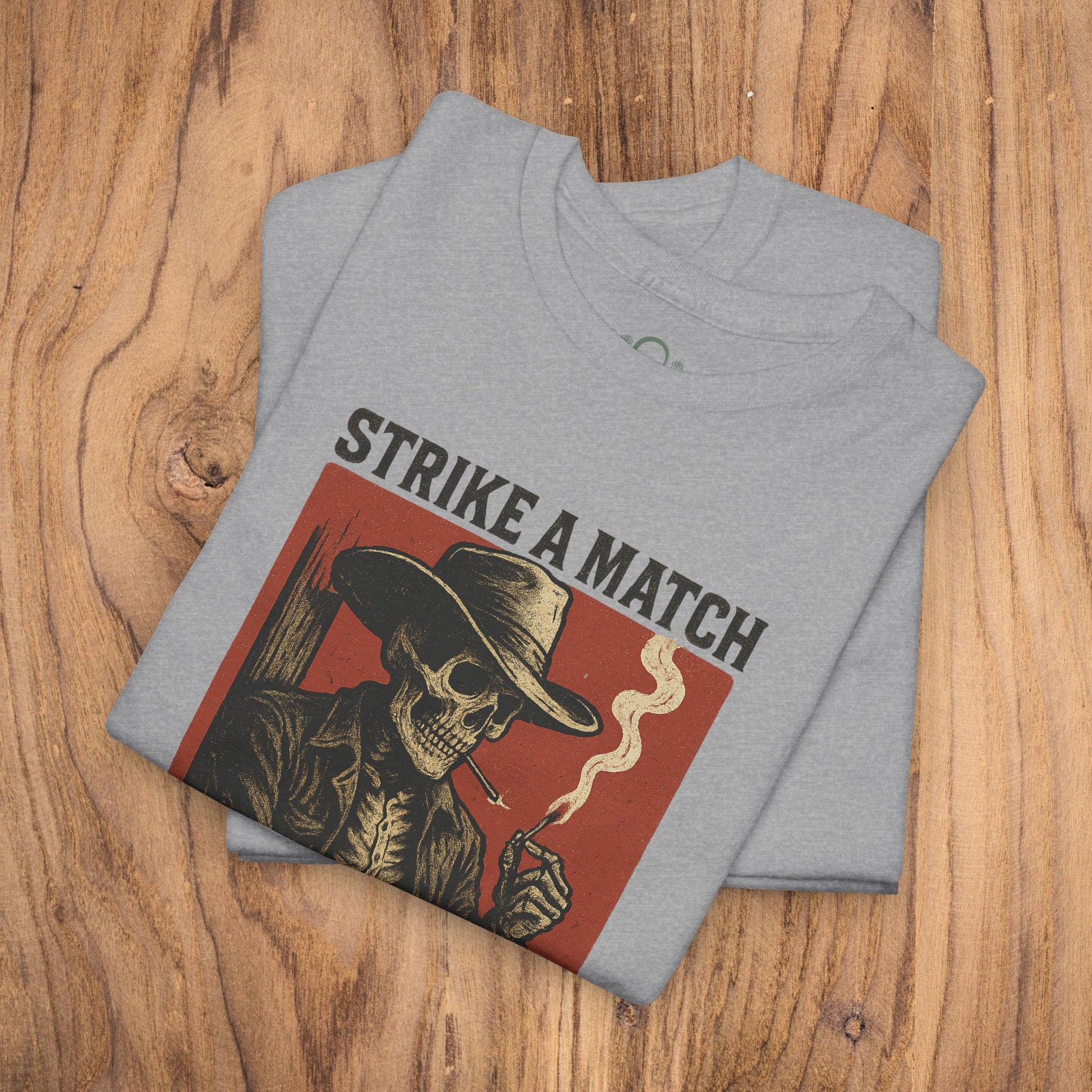 Bangtown Outlaws Retro Casual Party Shirt in gray displaying a dramatic skull image with the text 'STRIKE A MATCH', perfect for casual parties and stylish events.