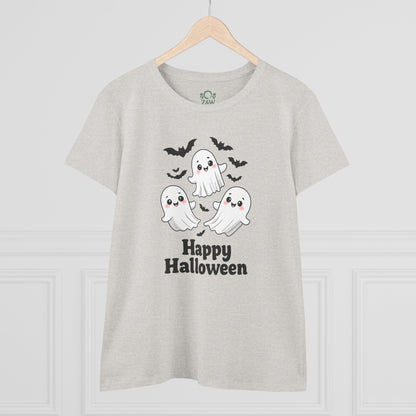 Cute Halloween Ghost T-Shirt for Kids & Adults, Unisex Spooky Tee in heather gray, adorned with cheerful ghosts and bats, perfect for Halloween fun.
