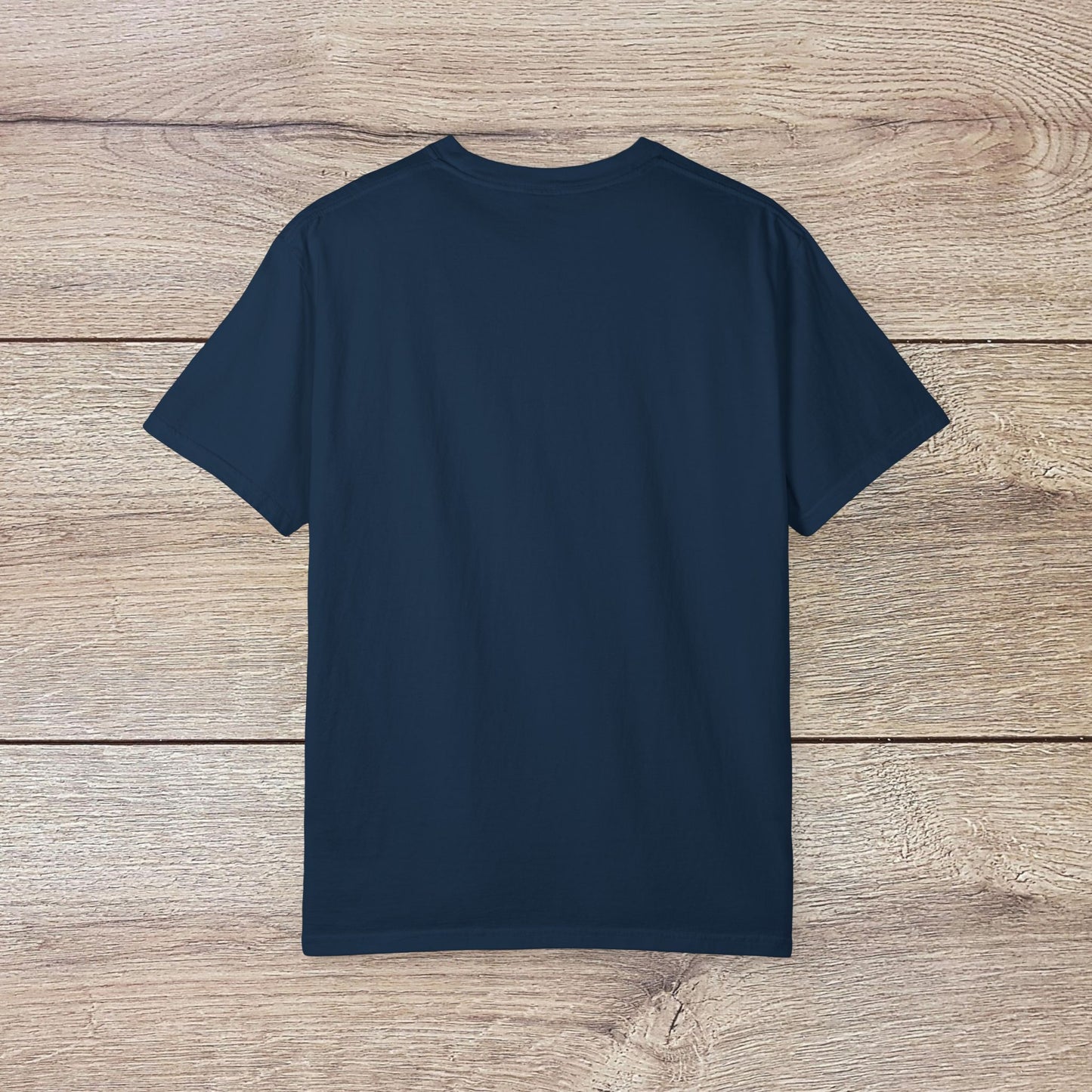 Men's Golden Tee: Comfortable Cotton T-Shirt with Ribbed Collar, back view on rustic wood background.