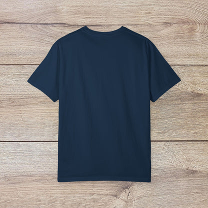 Men's Golden Tee: Comfortable Cotton T-Shirt with Ribbed Collar, back view on rustic wood background.