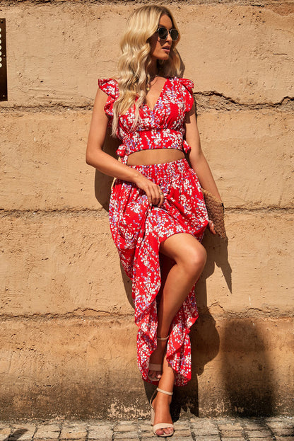 Floral Print Tie-Back Cropped Top & Maxi Skirt Set - Chic Summer Outfit featuring a striking red floral print, perfect for summer outings.