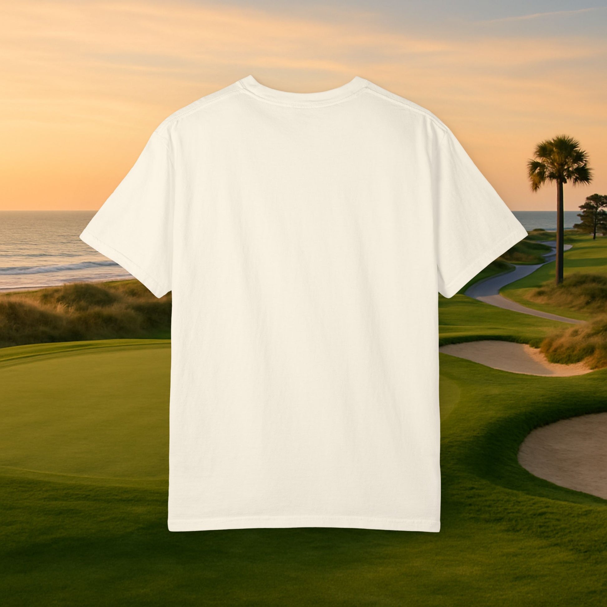 Back view of the Swing Irons Cast Lines T-Shirt on a golf course backdrop, showcasing its soft 100% cotton fabric and durable design.