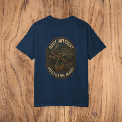 Premium Southern Made T-Shirt featuring a vintage car design with the phrase 'BUILT DIFFERENT', perfect for stylish casual wear.