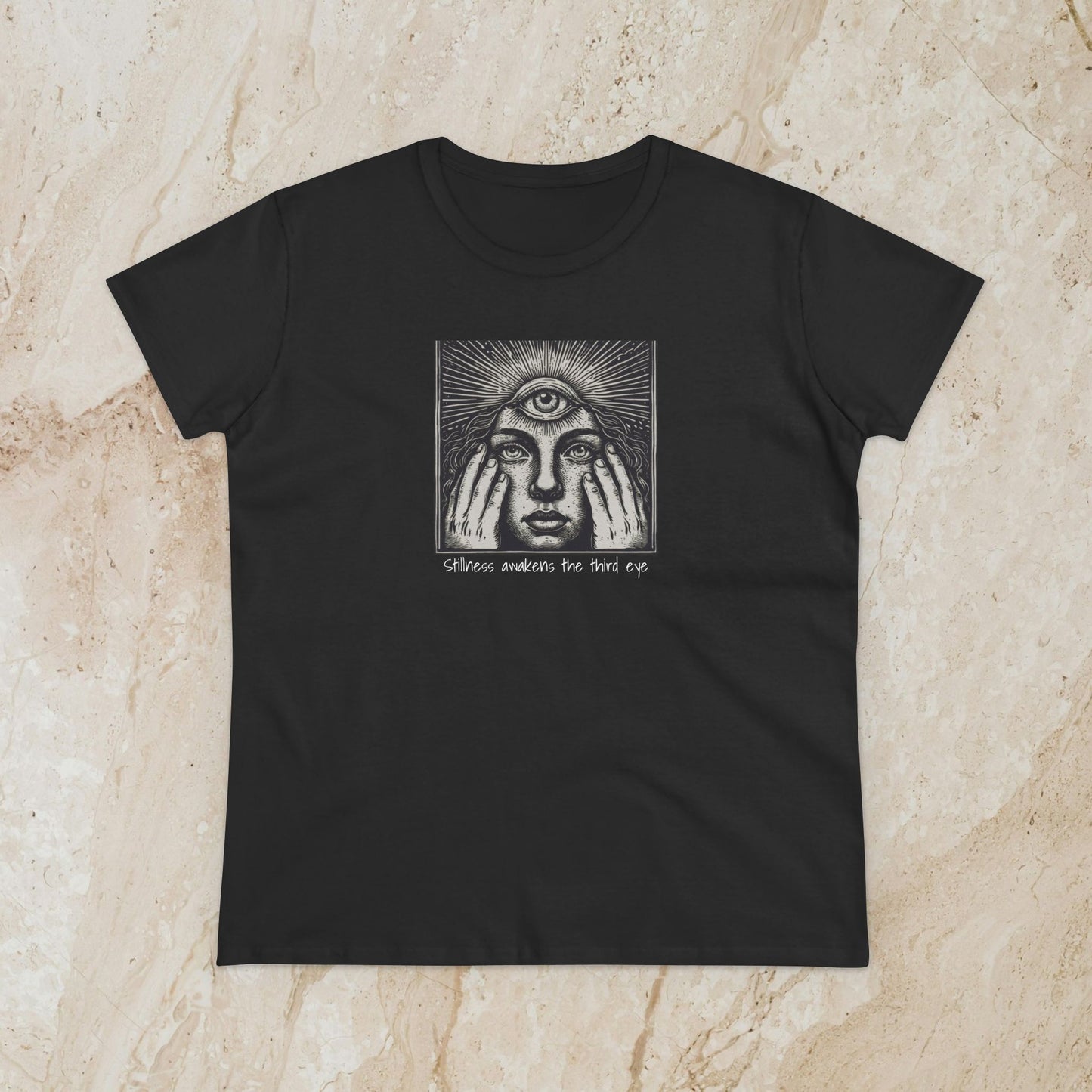 Stylish Third Eye Graphic Tee in black color, showcasing an intricate third eye graphic and facial illustration. Crafted from soft 100% cotton for a comfortable and stylish fit.