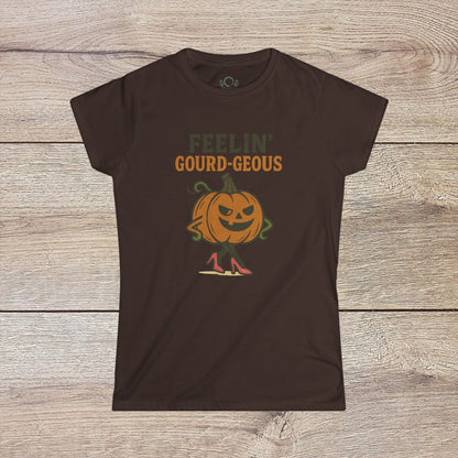 Gourd-geous Halloween Pumpkin T-Shirt in brown, highlighting a playful pumpkin graphic in heels. Perfect for festive autumn occasions.