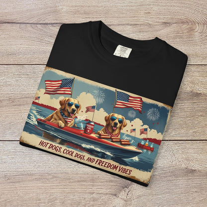 Men's Golden Tee: Comfortable Cotton T-Shirt with Ribbed Collar featuring a fun design of two dogs in sunglasses on a boat, celebrating freedom with American flags.
