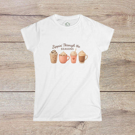 Stylish Sippin' Through The Seasons Slim Fit Tee in white, showcasing a fun array of coffee drinks. Crafted from soft, breathable 100% combed cotton for ultimate comfort.