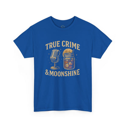 Front view of the True Crime & Moonshine Unisex Graphic Tee in blue, displaying an eye-catching graphic of a microphone and moonshine jar, ideal for true crime enthusiasts.