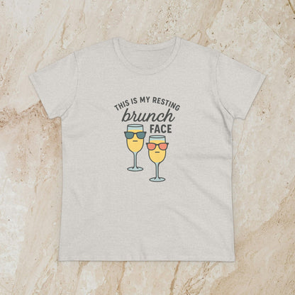 Women's Premium 100% Cotton Brunch Face Tee in grey showcasing a fun graphic of two sunglasses-clad cocktail glasses and the phrase 'THIS IS MY RESTING brunch FACE'. Perfect blend of comfort and style.