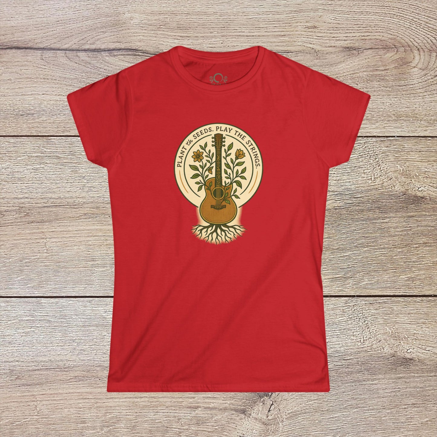 Cozy Plant Guitar Sweatshirt with Kangaroo Pocket and Adjustable Hood - Ethically Made, displayed in a bold red color with an intricate guitar and greenery illustration.