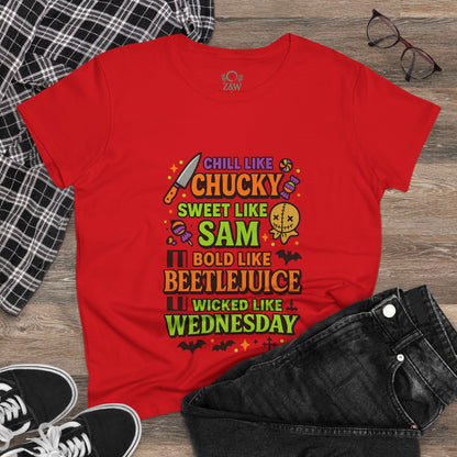 Spooktacular Horror Tee: Chill Like Chucky, Sweet Like Sam, Beetlejuice, Wednesday Addams, Halloween Shirt, Horror Fan Gift