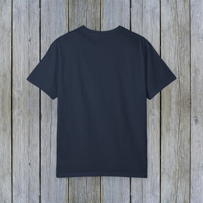 Back view of the Unisex Garment-Dyed Lake Rules Tee showcasing a soft vintage fabric, ideal for casual wear outdoors.