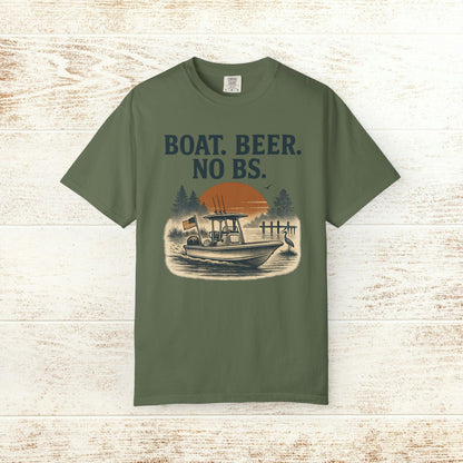 Boat Beer No BS Tee featuring a boat silhouette and sunset design, perfect for outdoor enthusiasts.