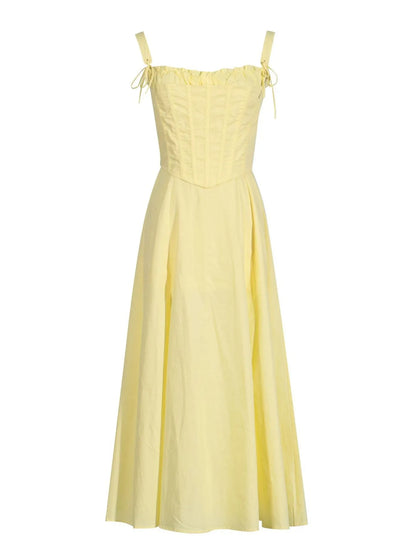 Back view of the Trendy Slit Sleeveless Midi Dress with Zip Back in vibrant yellow, highlighting the structured fit and elegant design.