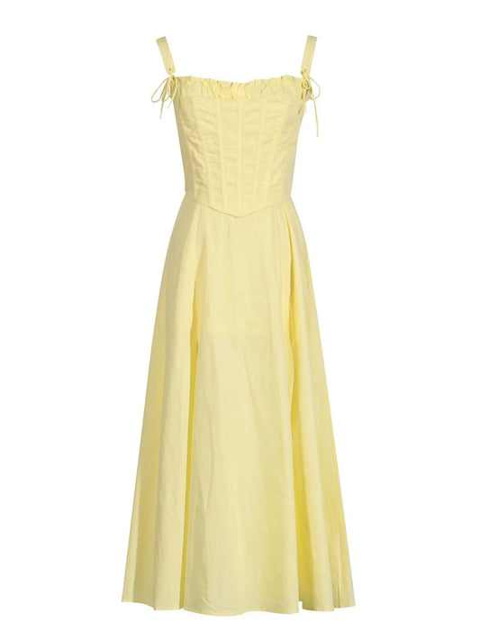 Back view of the Trendy Slit Sleeveless Midi Dress with Zip Back in vibrant yellow, highlighting the structured fit and elegant design.