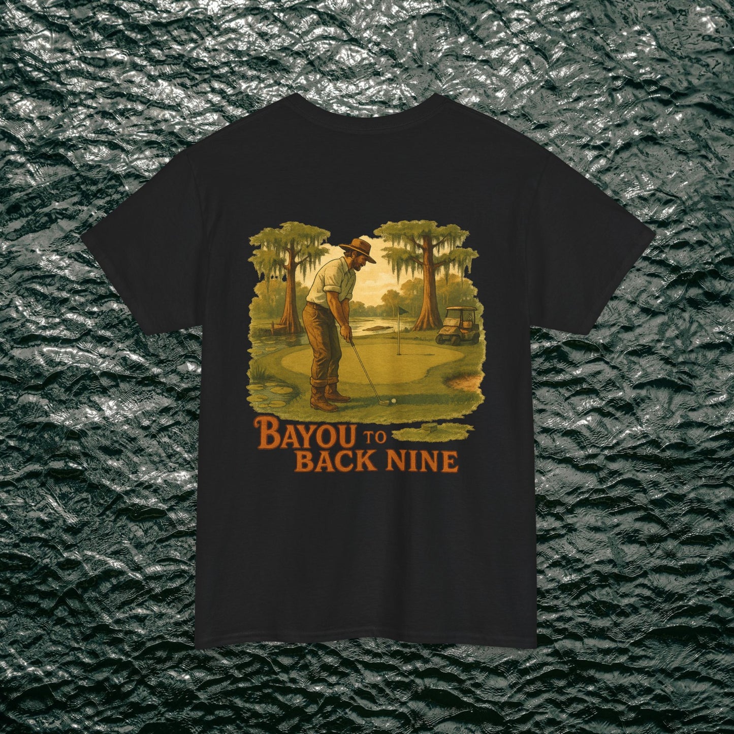 Bayou To Back Nine Softstyle Golf Tee featuring vintage golfer graphic, perfect for comfortable casual style and relaxed outings.