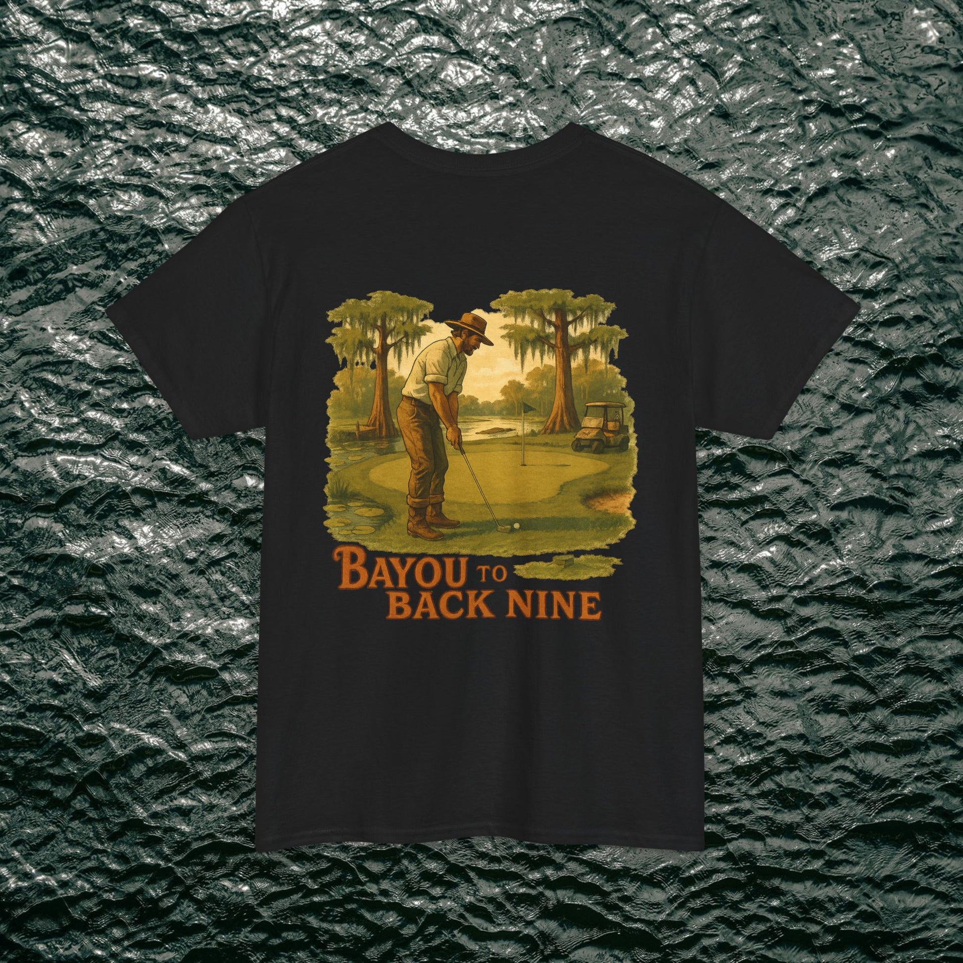 Bayou To Back Nine Softstyle Golf Tee featuring vintage golfer graphic, perfect for comfortable casual style and relaxed outings.