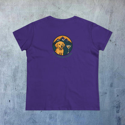 Unisex Dog Lover T-Shirt in purple color displaying a golden retriever design alongside mountains and a martini glass. Ideal for dog enthusiasts.