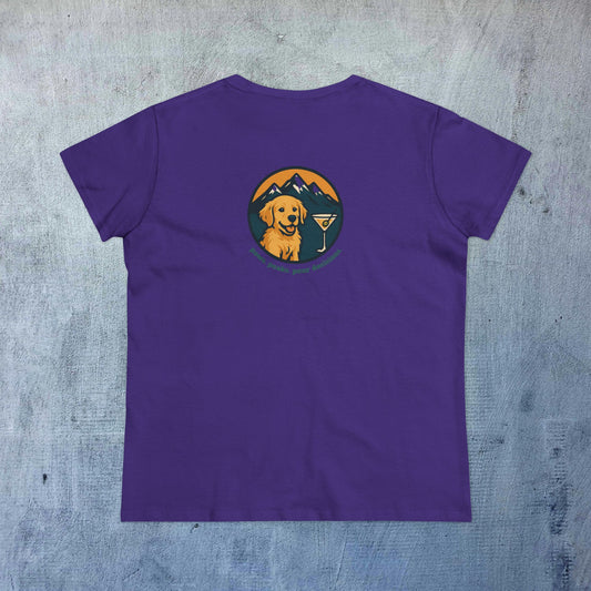 Unisex Dog Lover T-Shirt in purple color displaying a golden retriever design alongside mountains and a martini glass. Ideal for dog enthusiasts.