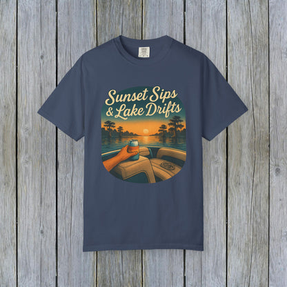 Lake Drifts T-Shirt in navy blue with a sunset sips design, great for lake days.