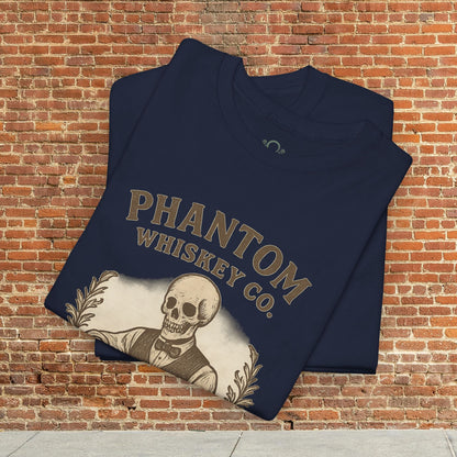 Vintage Skull Whiskey Lover Unisex Tee - Retro Casual Party Shirt in navy blue, featuring a detailed skeleton illustration, the perfect Halloween present.